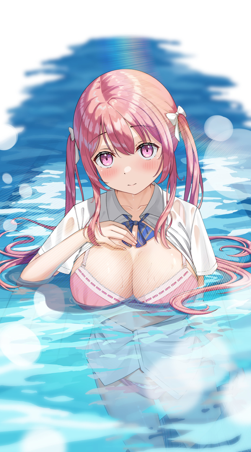 1girl absurdres blush bow bra breasts hair_bow highres large_breasts looking_at_viewer open_clothes original panties partially_submerged pink_bra pink_eyes pink_hair pink_panties see-through_clothes shirt smile solo sponge_rain twintails underwear wet wet_clothes white_bow white_shirt