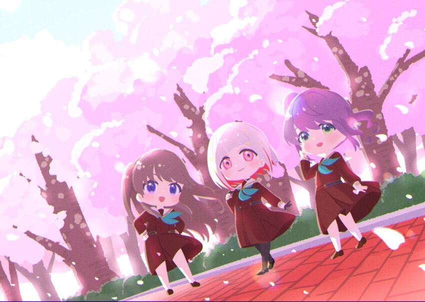 3girls :d aqua_neckerchief black_gloves black_shoes bob_cut brown_dress brown_hair brown_shoes bush cherry_blossoms closed_mouth colored_inner_hair commentary deformed dress dutch_angle fujishima_megumi full_body gloves graduation green_eyes hair_ornament hands_on_own_hips hasu_no_sora_school_uniform highres in-universe_location inverted_bob link!_like!_love_live! loafers long_hair long_sleeves looking_at_viewer love_live! mary_janes medium_dress multicolored_hair multiple_girls neckerchief open_mouth otomune_kozue outdoors pink_eyes pleated_dress purple_eyes purple_hair red_hair sailor_collar sailor_dress school_uniform shoes short_hair side_ponytail sidelocks smile socks standing star_(symbol) star_hair_ornament streaked_hair takeuchi_dojio tree two_side_up virtual_graduation_commemoration virtual_youtuber white_hair white_sailor_collar white_socks winter_uniform yugiri_tsuzuri
