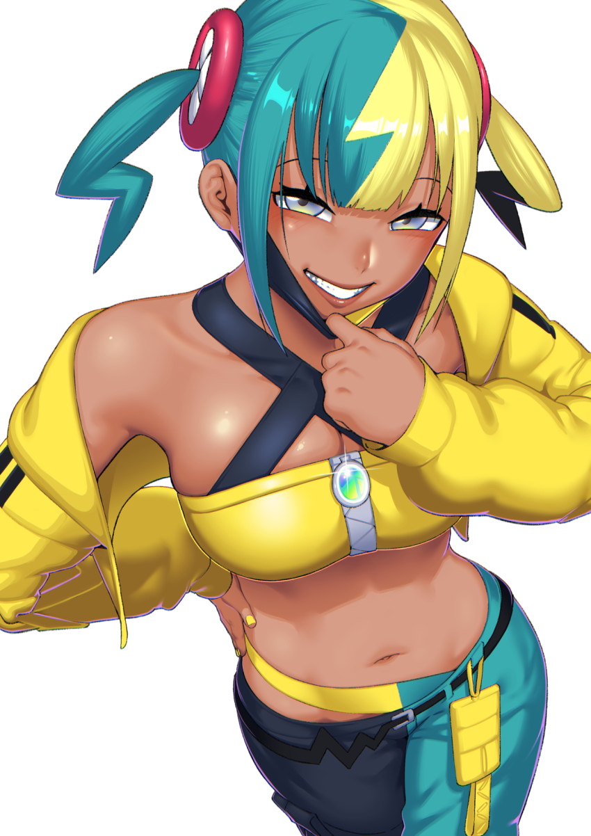1girl bandeau belt black_pants blonde_hair blue_hair blue_pants blush breasts canari_(pokemon) cleavage dark-skinned_female dark_skin dyun grin highres jacket long_sleeves looking_at_viewer mask medium_breasts medium_hair mouth_mask multicolored_hair navel nintendo pants pokemon pokemon_legends:_z-a purple_eyes smile solo split-color_hair twintails two-tone_mask two-tone_pants yellow_bandeau yellow_jacket