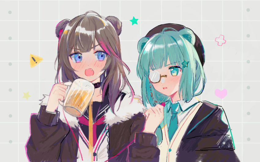 ! 2girls alcohol animal_ears aqua_hair arknights bear_ears beer beer_mug beret black_choker black_hat black_jacket blue_eyes blush brown_hair choker cup drunk fur-trimmed_jacket fur_trim hair_ornament hat highres holding holding_cup istina_(arknights) jacket kelme long_hair long_sleeves monocle mug multicolored_hair multiple_girls neckerchief necktie open_mouth red_hair sailor_collar school_uniform shirt star_(symbol) star_hair_ornament streaked_hair upper_body white_shirt yuri zima_(arknights)