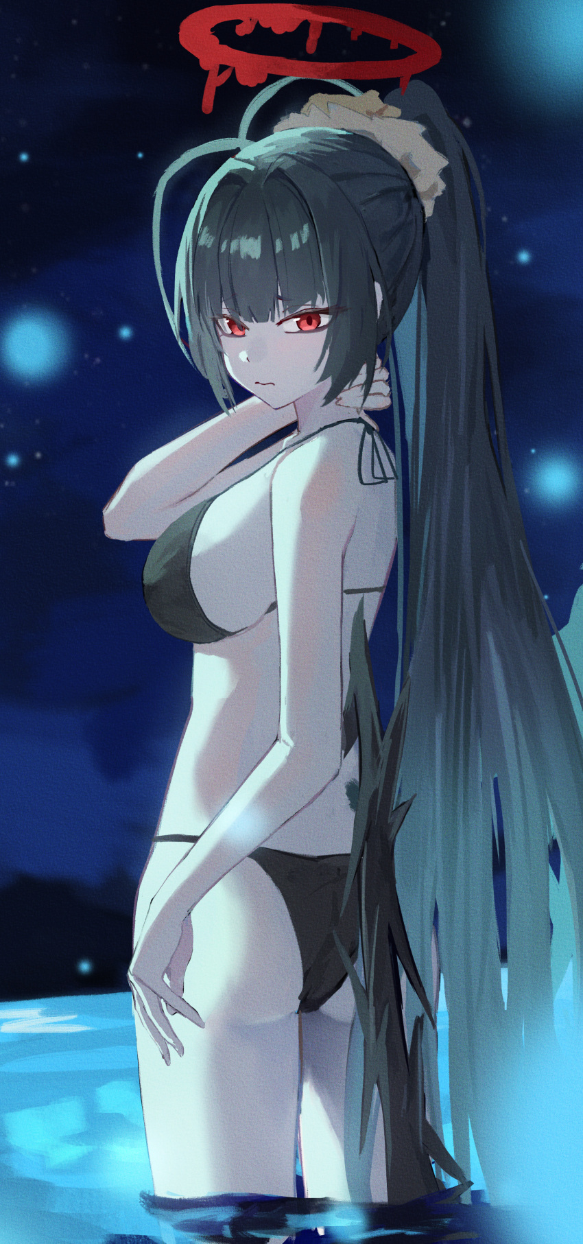 1girl absurdres bare_arms bare_back bare_shoulders bikini black_bikini black_hair black_wings blue_archive blunt_bangs breasts closed_mouth from_behind haimaotuanzi hand_on_own_neck highres large_breasts long_hair looking_at_viewer ocean official_alternate_costume official_alternate_hairstyle partially_submerged ponytail red_eyes sidelocks solo swimsuit tsurugi_(blue_archive) tsurugi_(swimsuit)_(blue_archive) wings