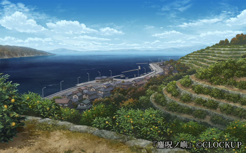 blue_sky breakwater cloud commentary commentary_request day food fo~do fruit house lamppost landscape mandarin_orange mountainous_horizon no_humans ocean orange_tree original ouju_no_shima outdoors power_lines road scenery shore sky terrace town utility_pole window
