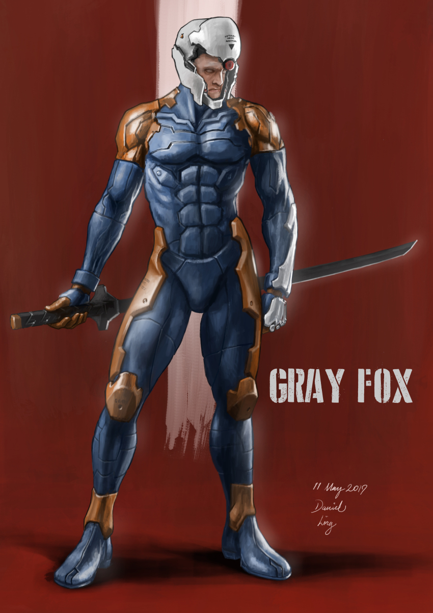 1boy absurdres brinjal character_name cyborg cyborg_ninja full_body gray_fox helmet highres katana mechabare metal_gear_(series) metal_gear_solid ninja solo sword weapon