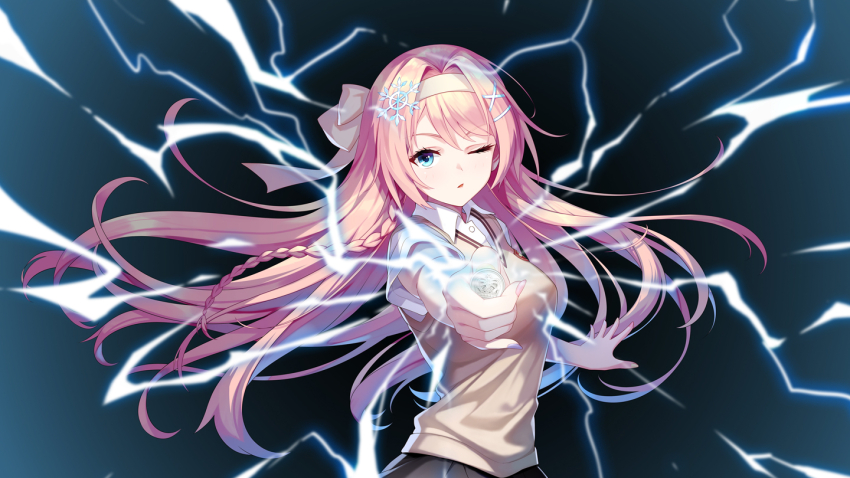 1girl black_background black_skirt blue_eyes bow_hairband braid breasts brown_sweater_vest character_request check_copyright coin collared_shirt commentary_request copyright_request cosplay electricity electrokinesis fingernails floating_hair hair_intakes hair_ornament hairband holding holding_coin incoming_attack kirilenko_(cgd) long_fingernails long_hair looking_at_viewer medium_breasts misaka_mikoto misaka_mikoto_(cosplay) nail_polish one_eye_closed original parted_lips pink_nails railgun_(misaka_mikoto) school_uniform shirt short_sleeves simple_background single_braid skirt snowflake_hair_ornament solo summer_uniform sweater_vest toaru_kagaku_no_railgun toaru_majutsu_no_index tokiwadai_school_uniform upper_body white_hairband white_shirt