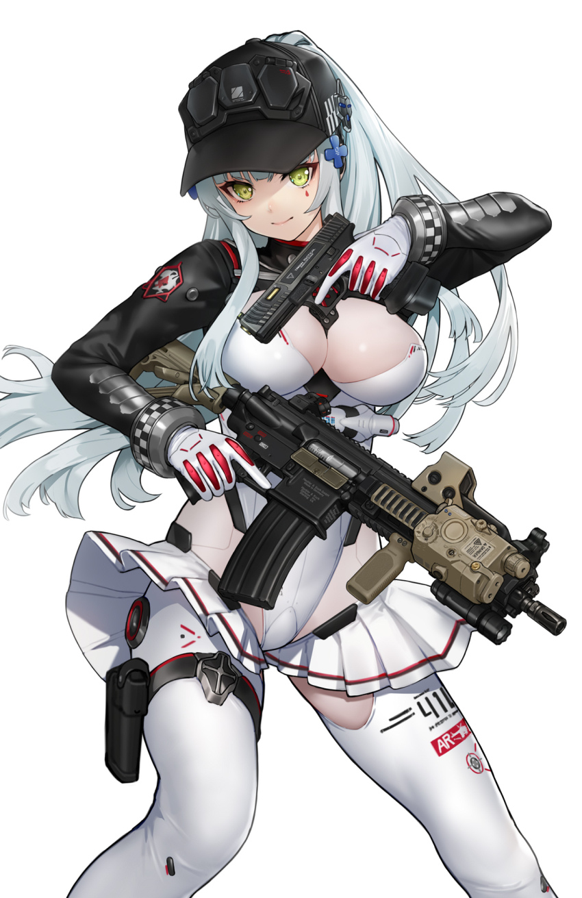1girl aqua_hair assault_rifle baseball_cap baton_(weapon) black_shrug bodysuit cross_hair_ornament earpiece expandable_baton frilled_bodysuit girls&#039;_frontline girls&#039;_frontline_2:_exilium glock gun h&amp;k_hk416 hair_ornament handgun hat highres hiyashiru hk416_(girls&#039;_frontline) holding holding_gun holding_weapon holster klukai_(girls&#039;_frontline_2) klukai_(speed_star)_(girls&#039;_frontline_2) long_hair looking_at_viewer official_alternate_costume ponytail rifle shrug_(clothing) smile solo taran_tactical_innovations tattoo teardrop teardrop_facial_mark teardrop_tattoo thigh_holster thigh_strap weapon weapon_request white_background white_bodysuit