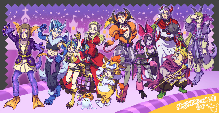 2018 2others 4girls 6+boys :d alternate_costume animal_ears aqua_eyes armlet bags_under_eyes bat_wings black_hair black_shirt black_trim blonde_hair blowing_kiss blue_eyes blue_hair braid breasts brother_and_sister brown_hair camus_(dq11) candy cape cleavage colored_skin commentary_request cosplay cosplay_request crop_top dragon_quest dragon_quest_xi dress dual_wielding facepaint facial_hair fake_animal_ears fake_claws fake_horns fake_tail fake_wings fins fishnet_pantyhose fishnets food gem glitter gold_armlet great_sabrecub great_sabrecub_(cosplay) green_hair greig_(dq11) grey_pantyhose hair_slicked_back halloween halloween_bucket halloween_costume happy_halloween head_fins hero_(dq11) high_braided_ponytail high_ponytail highres holding holding_candy holding_food holding_lollipop holding_mace holding_staff holding_weapon homeros_(dq11) horns jacket janis_(hainegom) jewelry juliet_sleeves lollipop long_hair long_sleeves looking_at_viewer low_twin_braids mace martina_(dq11) mask mask_on_head maya_(dq11) medium_hair midriff multicolored_hair multiple_boys multiple_girls multiple_others muscular muscular_male navel necklace old old_man one_eye_closed open_mouth pantyhose ponytail puff_and_slash_shorts puff_and_slash_sleeves puffy_sleeves purple_cape purple_eyes purple_facial_hair purple_gemstone purple_hair purple_jacket purple_sash purple_skin red_dress red_horns robe row_(dq11) sash senya_(dq11) shirt short_hair shoulder_spikes siblings sisters smile spiked_belt spiked_mace spiked_tail spikes staff sylvia_(dq11) tail tailcoat_playboy_bunny tockle_(dq11) torn_cape torn_clothes tunic twin_braids veronica_(dq11) vest weapon white_facial_hair white_robe wings wrecktor wrecktor_(cosplay) yellow_trim yellow_tunic yellow_vest