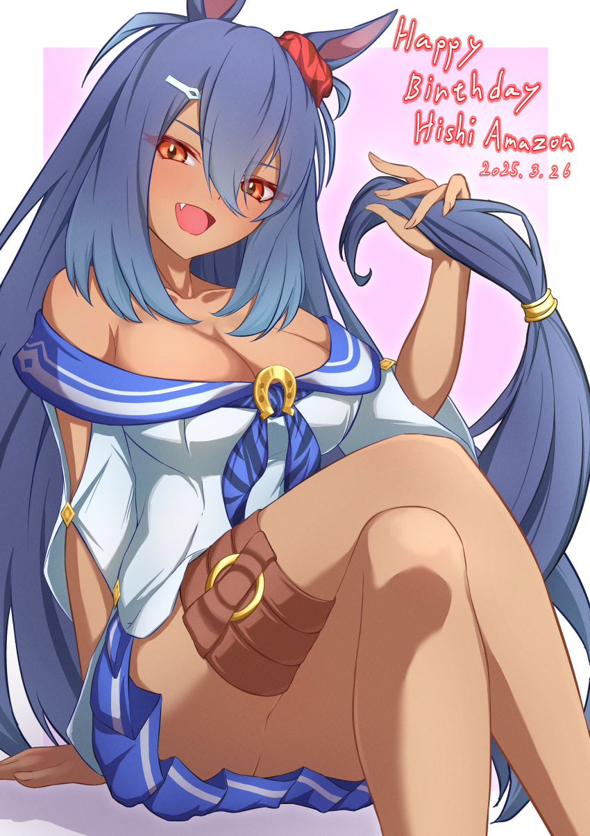 1girl absurdres animal_ears bare_shoulders black_hair breasts character_name cleavage commentary_request cowboy_shot crossed_legs dark-skinned_female dark_skin dated ear_ornament ear_scrunchie eve_on_k fang hair_between_eyes hair_ornament hairclip happy_birthday highres hishi_amazon_(umamusume) horse_ears horse_girl horse_tail large_breasts long_hair open_mouth pleated_skirt red_eyes single_sleeve sitting skirt smile solo tail umamusume very_long_hair white_skirt