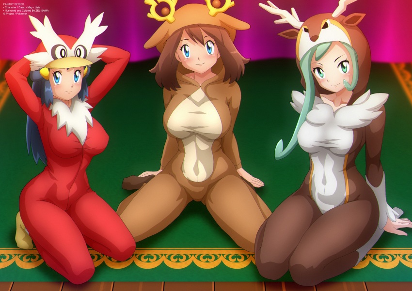 3girls absurdres animal_hood antlers arm_support arms_behind_head arms_up bird_hood blue_eyes blue_hair blush bodysuit breasts brown_bodysuit brown_hair brown_onesie brown_socks christmas collarbone cosplay curtains dawn_(pokemon) deer_hood delibird delibird_(cosplay) fur-trimmed_sleeves fur_trim gen_2_pokemon gen_5_pokemon green_eyes green_hair hair_ornament hairclip highres hood hood_up horns large_breasts lisia_(pokemon) long_hair looking_at_viewer may_(pokemon) multiple_girls nintendo onesie pajamas penguin_hood pokemon pokemon_dppt pokemon_oras pokemon_rse red_bodysuit red_onesie rug sawsbuck sawsbuck_(cosplay) sawsbuck_(winter) short_hair sitting smile socks stantler stantler_(cosplay) white_socks yellow_socks zel-sama