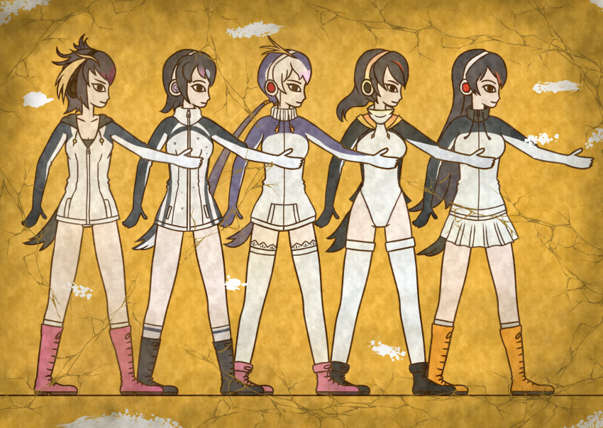 5girls arm_up black_footwear black_hair boots commentary_request crack drawstring egyptian_art emperor_penguin_(kemono_friends) gentoo_penguin_(kemono_friends) group_picture group_profile headphones high_collar highres hood hoodie humboldt_penguin_(kemono_friends) jacket kemono_friends kemono_friends_2 kita_(7kita) leotard lineup long_hair looking_to_the_side microskirt multicolored_hair multiple_girls orange_boots penguins_performance_project_(kemono_friends) pink_boots ponytail profile rockhopper_penguin_(kemono_friends) royal_penguin_(kemono_friends) short_hair simple_background skirt standing streaked_hair thighhighs white_hair white_legwear white_skirt yellow_background