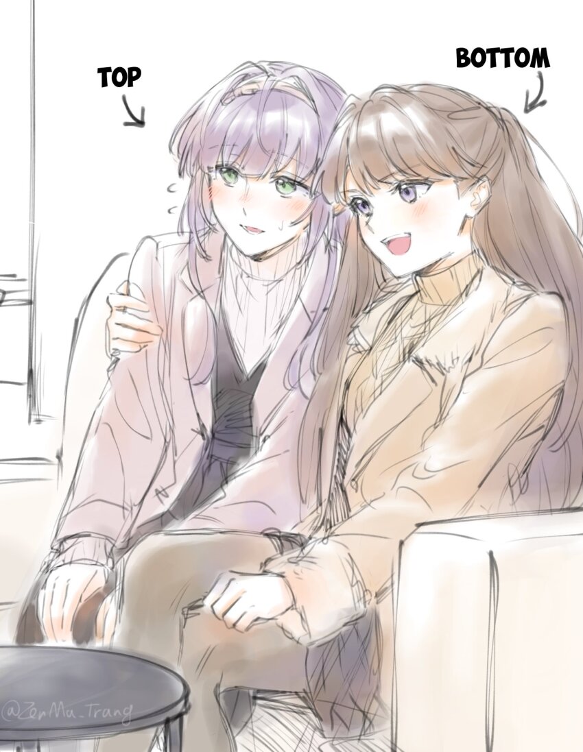 2girls :d arrow_(symbol) black_dress black_skirt blush brown_coat brown_hair brown_pantyhose brown_sweater coat commentary_request couch dress flying_sweatdrops fujishima_megumi fujishima_megumi_(winter_casual) green_eyes grey_coat hand_on_another&#039;s_arm highres link!_like!_love_live! long_hair long_sleeves love_live! miniskirt mixed-language_commentary multiple_girls nose_blush on_couch open_clothes open_coat open_mouth otomune_kozue otomune_kozue_(winter_casual) pantyhose partial_commentary pinafore_dress purple_eyes purple_hair sidelocks sitting skirt sleeveless sleeveless_dress smile sweatdrop sweater teeth turtleneck turtleneck_sweater twitter_username two_side_up upper_teeth_only vietnamese_commentary virtual_youtuber white_sweater zenma_trang