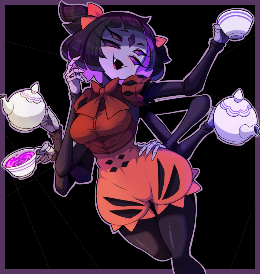 1girl black_background black_hair black_sleeves black_thighhighs border bow cup extra_arms extra_eyes fangs forehead_jewel highres holding holding_cup holding_teapot kamuruchii medium_hair muffet pants pink_liquid purple_border purple_eyes red_bow red_pants red_skirt red_sleeves silk simple_background skirt smile spider_web teacup teapot thighhighs undertale