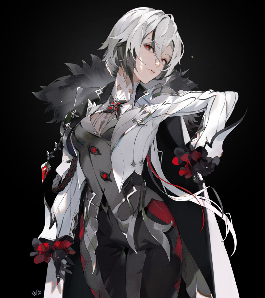 1girl absurdres arlecchino_(genshin_impact) black_gloves black_hair black_pants black_vest breasts buttons cape colored_inner_hair commentary cowboy_shot expressionless fur-trimmed_cape fur_trim genshin_impact gloves head_tilt highres jacket kamui_(kurohshiro1) looking_at_viewer medium_breasts multicolored_hair pants red_eyes signature simple_background solo streaked_hair symbol-shaped_pupils vest white_cape white_hair white_jacket x-shaped_pupils