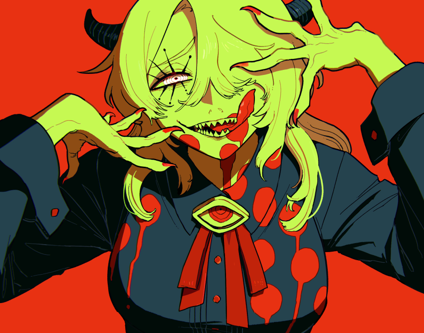1girl black_shirt blonde_hair hair_over_one_eye hands_up highres horns licking_lips long_hair looking_at_viewer momomo_906 original red_background ringed_eyes sharp_teeth shirt simple_background solo teeth tongue tongue_out upper_body white_eyes