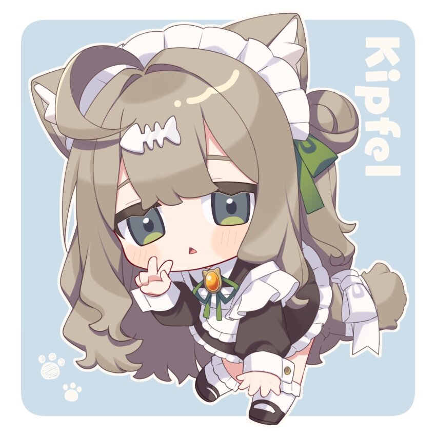 1girl :&lt; ahoge animal_ear_fluff animal_ears apron black_dress black_shoes blue_background blush blush_stickers bobby_socks border bow brooch brown_hair cat_ears cat_girl cat_tail character_name chestnut_mouth chibi collared_dress dress fish_hair_ornament frilled_apron frilled_dress frilled_socks frills full_body green_bow green_eyes green_ribbon grey_eyes hair_between_eyes hair_bow hair_bun hair_intakes hair_ornament hair_ribbon hairclip hand_up highres jewelry kipfel_(vrchat) kneehighs leaning_forward long_hair long_sleeves looking_at_viewer maid maid_apron maid_headdress mary_janes neck_ribbon nori_tama00 open_mouth outline outside_border parted_lips paw_print puffy_long_sleeves puffy_sleeves ribbon shoes simple_background single_hair_bun single_side_bun socks solo standing standing_on_one_leg tail tail_bow tail_ornament tail_ribbon triangle_mouth two-tone_background v very_long_hair vrchat white_apron white_background white_border white_bow white_outline white_ribbon white_socks