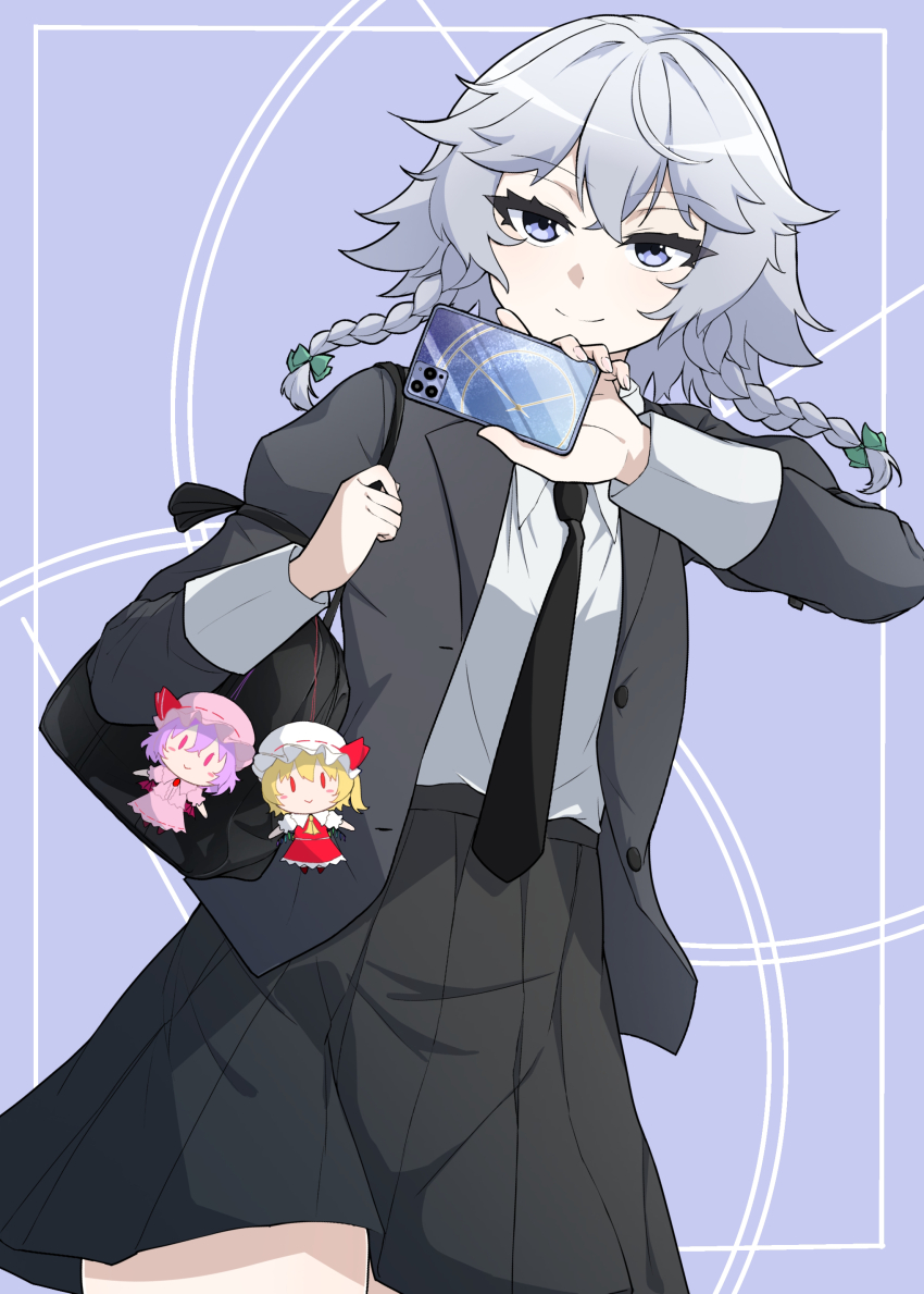 1girl absurdres alternate_costume bag bag_charm black_bag black_jacket black_necktie black_skirt bow braid cellphone character_charm charm_(object) closed_mouth collared_shirt commentary_request flandre_scarlet green_bow grey_hair hair_bow highres holding holding_phone izayoi_sakuya jacket long_hair long_sleeves looking_at_viewer necktie no_headwear open_clothes open_jacket phone pleated_skirt purple_eyes remilia_scarlet school_uniform shirt shoulder_bag skirt smartphone smile solo tenx2_1341 touhou twin_braids white_shirt