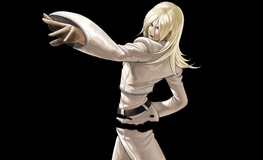 1boy belt black_fire blonde_hair blue_eyes cropped_jacket fingerless_gloves fire gloves hair_over_one_eye highres king_of_fighters_xiii long_hair male_focus official_art ogura_eisuke pale_skin pants pyrokinesis saiki_(kof) snk solo the_king_of_fighters the_king_of_fighters_xiii transparent_background