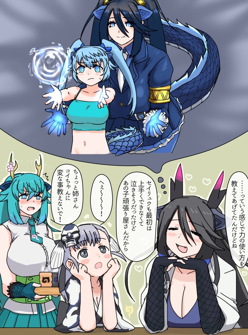3girls aged_down animal_ears bare_shoulders black_dragon_(kemono_friends) black_hair blue_dragon_(kemono_friends) blue_eyes blue_gloves blue_hair blue_jacket blue_necktie blue_pantyhose blue_skirt blush bow breasts cleavage coat collared_shirt cosplay crop_top doctor dragon_ears dragon_girl dragon_horns dragon_tail ear_tufts extra_ears fangs fingerless_gloves fins fish_girl fish_tail fishnet_gloves fishnets frilled_gloves frills gloves grey_eyes grey_hair hair_between_eyes hair_bow head_fins highres horns huge_breasts jacket japanese_clothes japari_symbol jinmen-gyo_(kemono_friends) kemono_friends kemono_friends_3 kimono kusamogura lab_coat large_breasts long_hair long_sleeves magic mask mask_on_head medium_breasts multicolored_hair multicolored_horns multiple_girls necktie open_clothes open_coat open_mouth pantyhose pink_horns pleated_skirt ponytail purple_horns remembering scale_print seiryuu_(kemono_friends) seiryuu_(kemono_friends)_(cosplay) shirt siblings sisters skirt sleeveless smile stethoscope tail translated water white_coat white_necktie yellow_horns