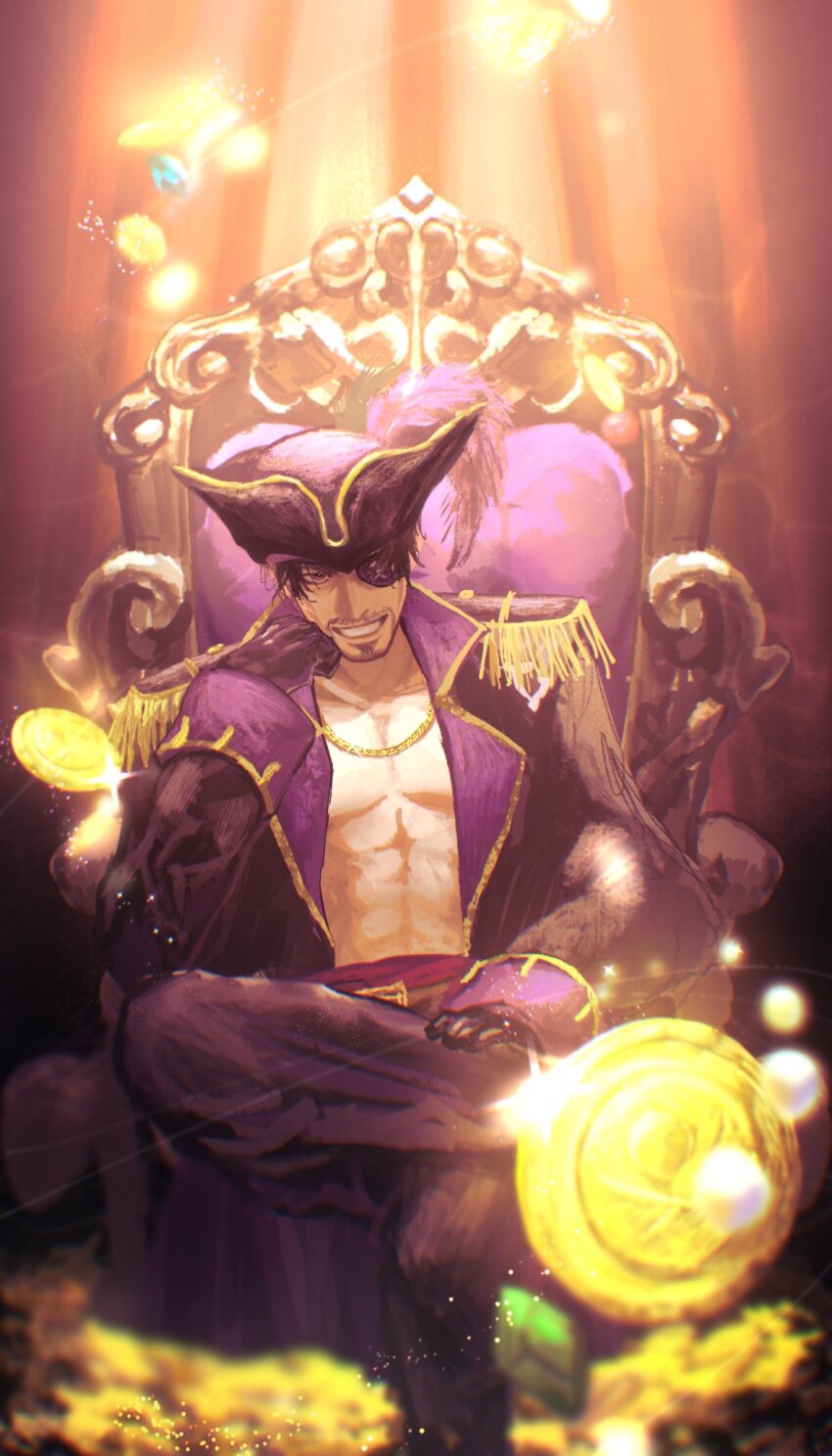 1boy abs belt black_gloves black_hair captain_majima eyepatch facial_hair gloves goatee hat hehehe3333333 highres jewelry looking_at_viewer majima_goro male_focus necklace open_clothes pirate_costume pirate_hat ryuu_ga_gotoku_(series) ryuu_ga_gotoku_8_gaiden short_hair sitting