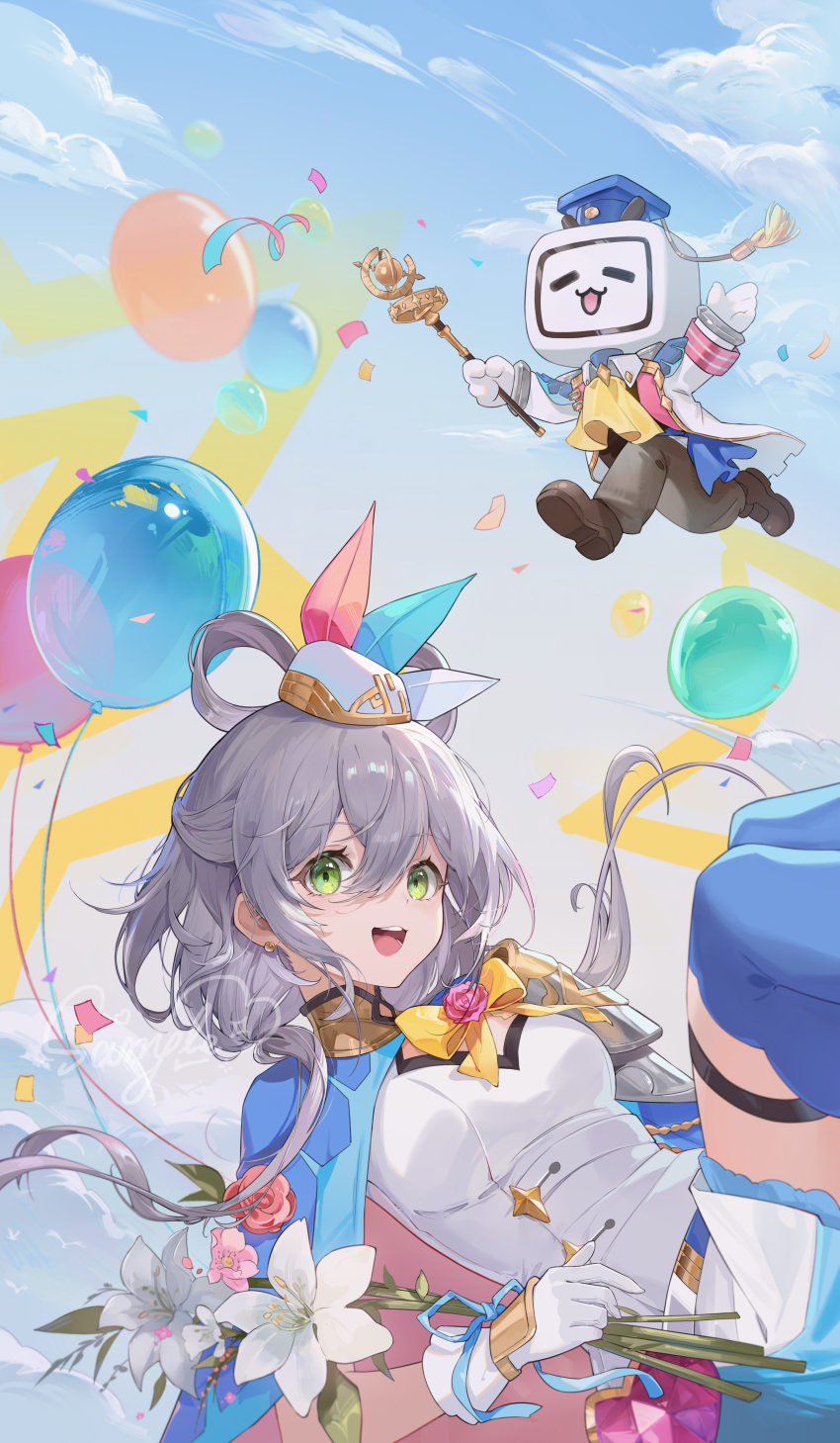 1girl 1other :d above_clouds absurdres armor ascot balloon bilibili black_thighhighs blue_cape blue_hat blue_skirt blue_sky bow bowtie breasts brown_footwear cape cloud cloudy_sky coat confetti feet_out_of_frame floating floating_hair flower garrison_cap gloves green_eyes grey_hair grey_pants hair_between_eyes hair_rings hands_up hat hat_ornament highres holding holding_flower holding_wand knees_up long_hair looking_at_viewer low_twintails luo_tianyi medium_breasts miniskirt mortarboard object_head official_art open_mouth pants pink_flower sample_watermark shirt shoulder_armor skirt sky smile star_(symbol) su_ran_(bilibili_18604428) thighhighs twintails vocaloid vsinger_(vocaloid) wand watermark white_coat white_flower white_gloves white_hat white_shirt xiao_dianshi yellow_ascot yellow_bow yellow_bowtie