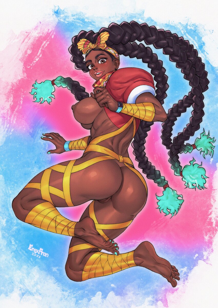 1girl absurdres adapted_costume aqua_hair artist_name ass barefoot black_hair blush braid breasts brown_eyes capcom commentary cropped_jacket dark-skinned_female dark_skin dated english_commentary erexpron feet female_focus full_body headband highres kimberly_jackson large_breasts long_hair looking_at_viewer looking_back multicolored_hair nail_polish nipples nude open_mouth pussy quad_tails simple_background smile solo street_fighter street_fighter_6 teeth uncensored upper_teeth_only very_long_hair