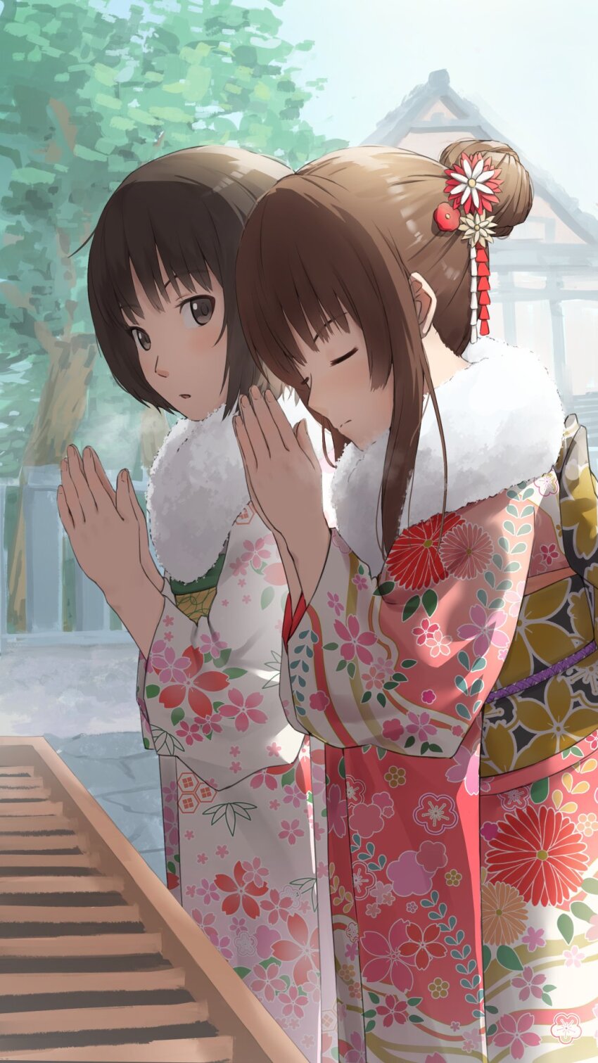 2girls amagami architecture black_sash blush bob_cut box brown_eyes brown_hair building closed_mouth day donation_box east_asian_architecture floral_print floral_print_kimono flower from_side fur-trimmed_kimono fur_scarf fur_trim hair_bun hair_flower hair_ornament hair_over_shoulder hands_up highres japanese_clothes kimono light_blush long_sleeves looking_at_viewer looking_to_the_side mikawa_mikan multiple_girls new_year obi obijime outdoors own_hands_together parted_lips pink_kimono praying print_kimono red_flower sakurai_rihoko sash short_hair shrine sidelocks single_hair_bun sky stone_floor tachibana_miya tile_roof tree white_flower white_kimono white_sky yellow_sash