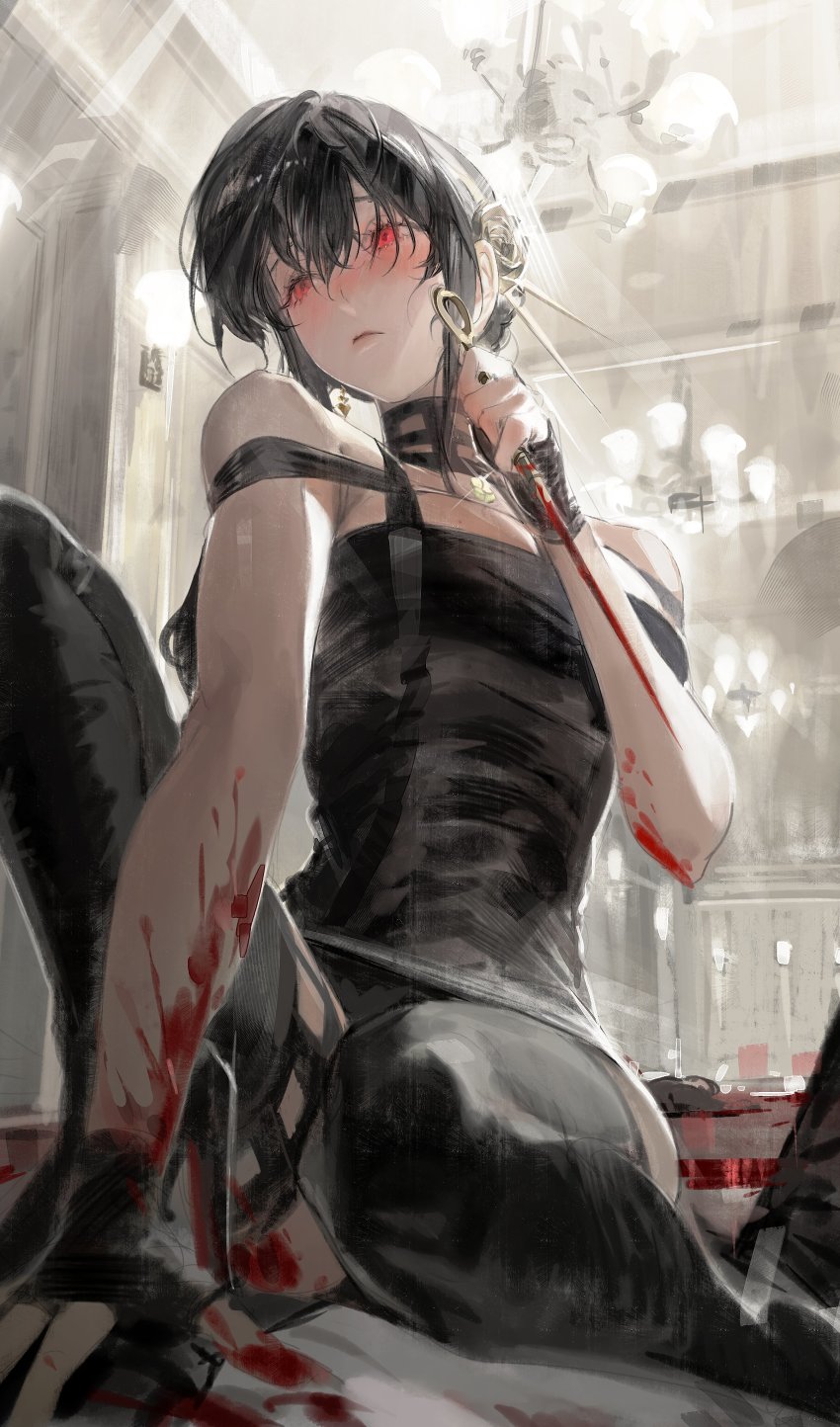 1girl 2others absurdres assassination bare_shoulders black_hair black_necktie blood blood_on_arm blood_on_clothes blood_on_hands bloody_weapon blush chandelier closed_mouth death dress earrings eyelashes fingerless_gloves glint gloves hair_between_eyes hairband hand_on_another&#039;s_chest highres holding holding_weapon indoors jewelry kurikabacha light_rays long_eyelashes long_hair lying multiple_others necktie on_back on_person painterly pink_lips pool_of_blood puddle red_eyes reverse_grip skindentation solo_focus spy_x_family weapon yor_briar