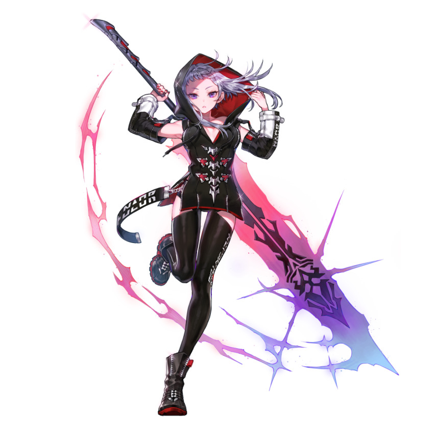 1girl ankle_boots artist_request black_boots black_hood black_hoodie black_sleeves black_thighhighs boots chain detached_sleeves drawstring favia_(final_gear) final_gear grey_eyebrows grey_hair highres holding_hood hood hoodie leg_up lens_flare long_hair loose_hair_strand official_art open_mouth solo sword tassel teeth text_print thighhighs transparent_background two-tone_sleeves weapon zipper