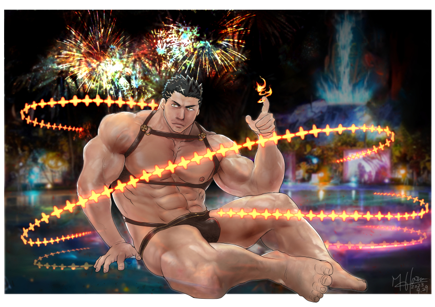1boy absurdres alternate_facial_hair bara bare_pectorals biceps border brown_male_swimwear chest_harness facial_hair fire flaming_halo halo harness highres large_pectorals leather male_focus male_swimwear masaharu_masaharu mature_male muscular muscular_male official_alternate_costume paid_reward_available pectorals pyrokinesis sitting solo sparse_stubble stubble tokyo_houkago_summoners white_border zabaniyya_(fashionista_swimsuit)_(housamo) zabaniyya_(housamo)