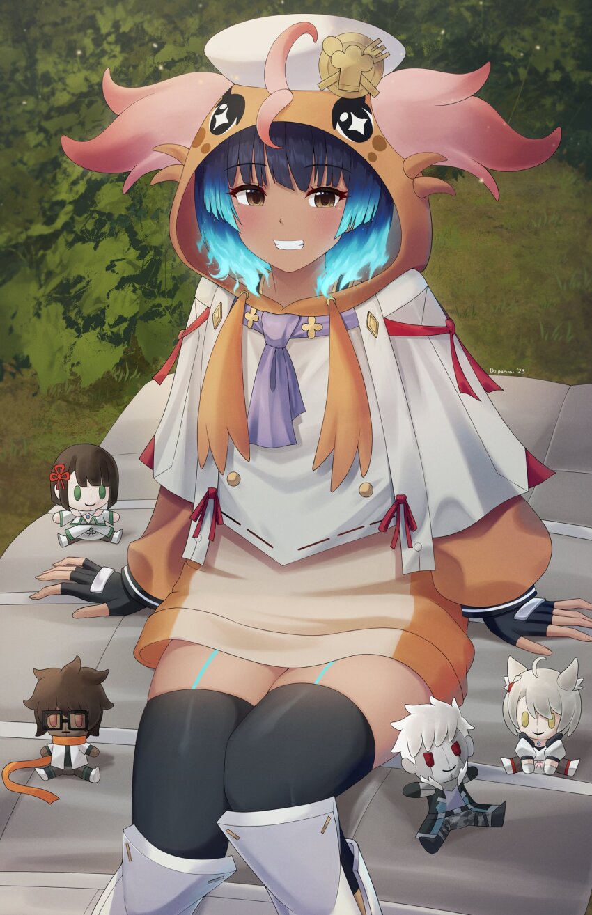 1girl alternate_costume alternate_hairstyle black_gloves black_thighhighs blue_hair brown_eyes carpet character_doll commentary dark-skinned_female dark_skin doiparuni doll english_commentary eyelashes fiery_hair gloves glowing_lines hair_down highres lanz_(xenoblade) looking_at_viewer manana_(xenoblade) mio_(xenoblade) miyabi_(xenoblade) onesie outdoors sena_(xenoblade) sitting smile solo taion_(xenoblade) teeth thighhighs xenoblade_chronicles_(series) xenoblade_chronicles_3