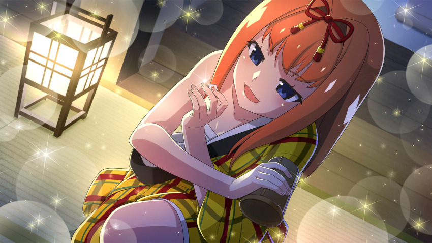 1girl blue_eyes chest_sarashi collarbone cowboy_shot cup dice dutch_angle from_above gambling game_cg hairband highres higurashi_no_naku_koro_ni higurashi_no_naku_koro_ni_mei holding holding_cup holding_dice houtani_nao indoors japanese_clothes kimono lens_flare light_particles long_hair looking_at_object non-web_source official_art on_one_knee open_mouth orange_hair plaid_clothes plaid_kimono sarashi single_off_shoulder smile solo sparkle tatami wooden_floor yellow_kimono