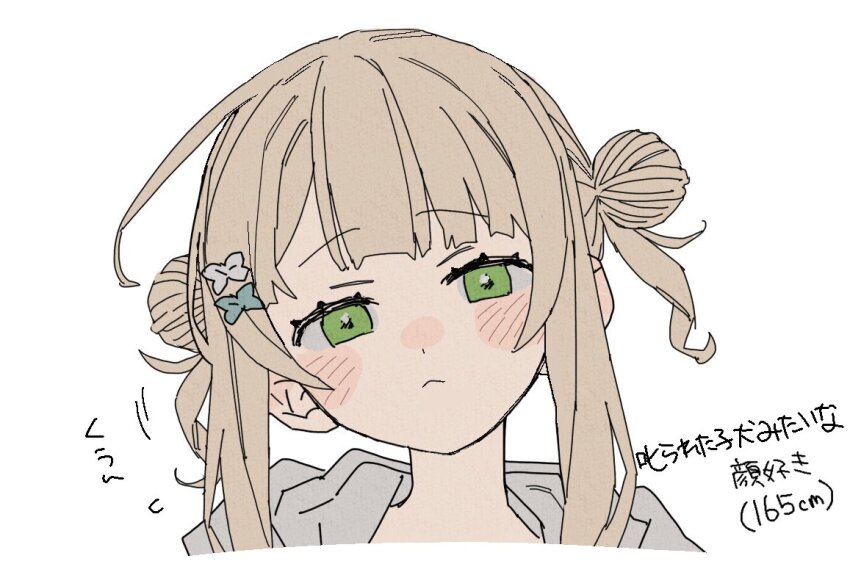 1girl closed_mouth dayama double_bun facing_viewer green_eyes hair_bun head_tilt japanese_text kaburaki_roco nijisanji virtual_youtuber white_background