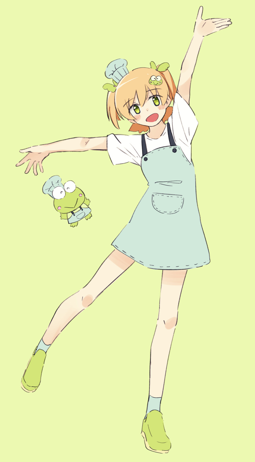 1boy 1girl :&gt; :d absurdres apron arm_up blonde_hair blush character_hair_ornament chef_hat closed_mouth crossover daiba_nana frog frog_hair_ornament full_body green_background green_eyes green_footwear green_ribbon grey_apron grey_headwear grey_socks hair_ornament hair_ribbon hand_up hasunoue_keroppi hat highres kero_kero_keroppi looking_at_viewer matching_outfits mini_hat open_mouth outstretched_arms pix3dayo pocket ribbon sanrio shirt shoes short_hair short_sleeves short_twintails shoujo_kageki_revue_starlight simple_background smile socks standing standing_on_one_leg tilted_headwear toque_blanche twintails white_shirt