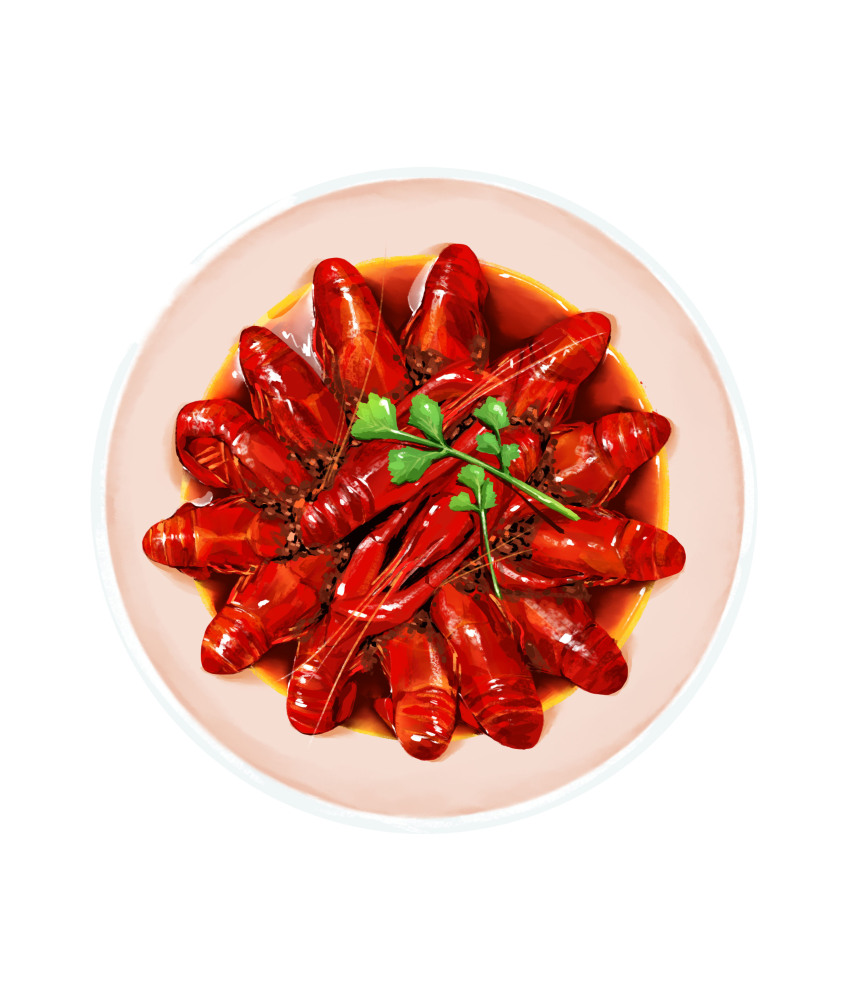 absurdres crayfish crustacean food food_focus garnish highres no_humans original plate sauce simple_background still_life white_background youluobo