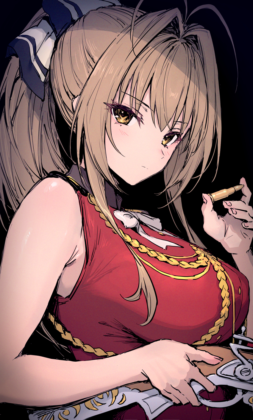 1girl amagi_brilliant_park bare_shoulders black_background blush breasts bullet closed_mouth from_side gun haoni highres holding holding_bullet holding_gun holding_weapon large_breasts light_brown_hair long_hair looking_to_the_side ponytail sento_isuzu sidelocks simple_background solo upper_body weapon yellow_eyes