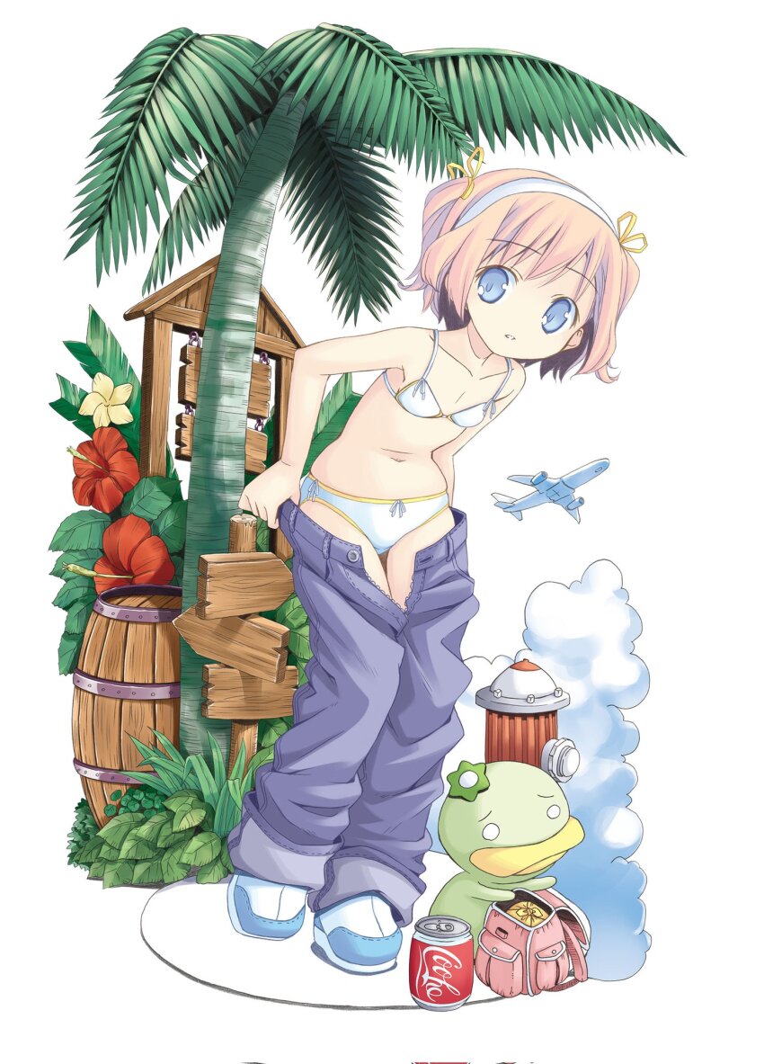 1girl 2000s_(style) aircraft airplane backpack bag barrel blue_eyes bow bra brand_name_imitation brown_hair can cloud collarbone commentary copyright_request corrupted_twitter_file denim drink_can fire_hydrant flat_chest flower full_body hair_bow hairband hibiscus highres jeans kappa leaning_forward navel palm_tree panties pants parted_lips pop_(electromagneticwave) shoes short_hair short_twintails side-tie_panties signpost sneakers soda_can standing tree twintails underwear undressing white_background white_bra white_hairband white_panties white_shoes yellow_trim