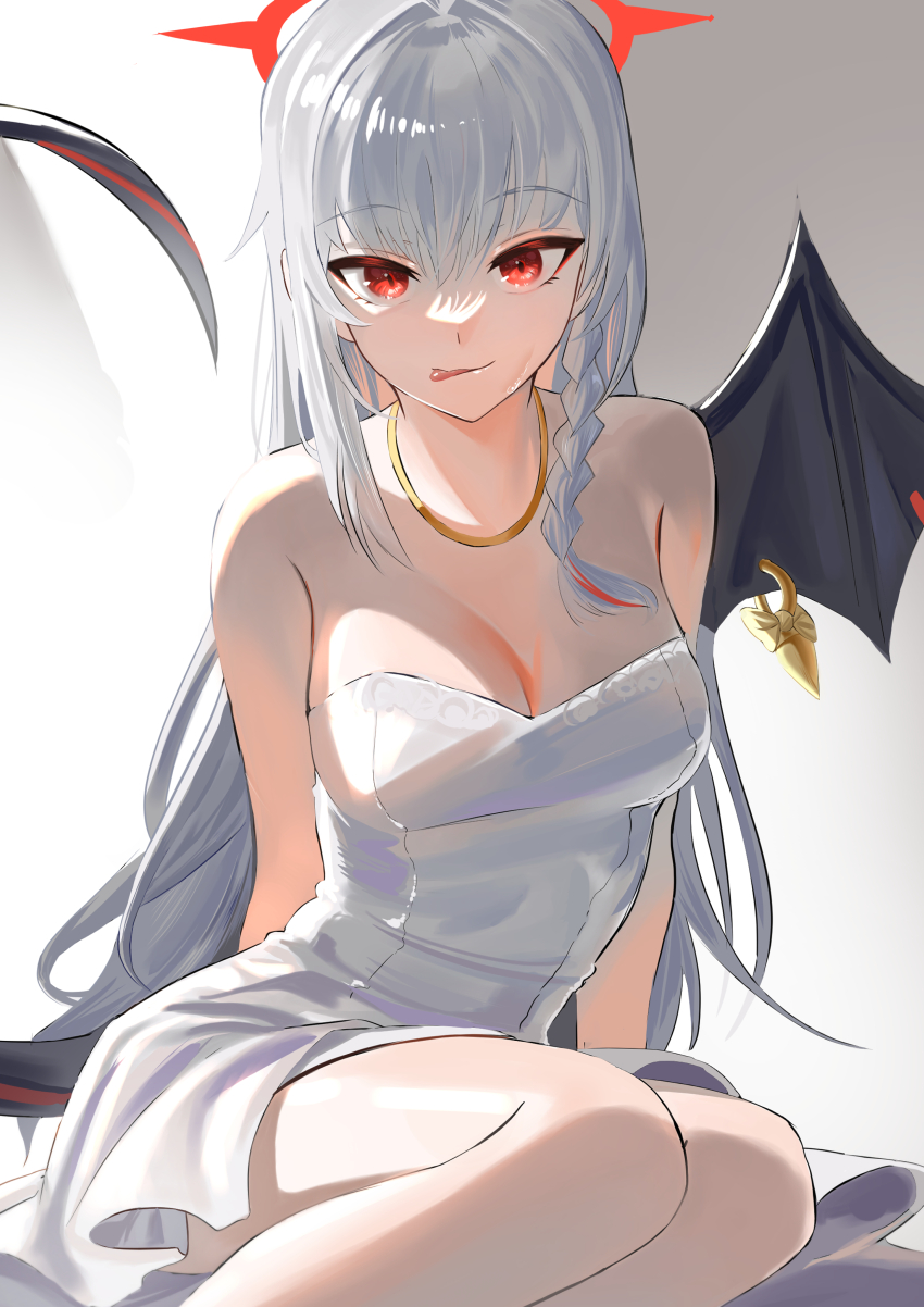 1girl absurdres alternate_costume black_tail black_wings blue_archive braid demon_wings dress halo haoma haruna_(blue_archive) highres piercing red_halo single_braid single_wing solo white_dress wing_ornament wing_piercing wings
