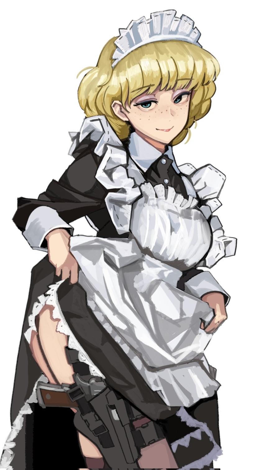 1girl apron blonde_hair blue_eyes clothes_lift collared_dress commentary_request dress eyebrows_visible_through_hat freckles frilled_apron frills garter_straps gun highres holster irene_sanders maid maid_apron maid_headdress short_hair solo suna_no_bara thigh_holster wani_(perfect_han) weapon white_background
