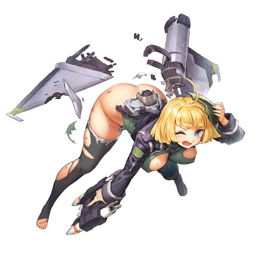 1girl ahoge ass battle_damage between_breasts black_footwear black_jacket black_thighhighs blonde_hair blue_eyes boots breasts broken_goggles bruise chest_harness covered_erect_nipples defeat flying full_body game_cg goggles green_leotard griffon_(last_origin) harness headgear headphones headphones_around_neck highres holding holding_goggles holding_rocket_launcher holding_weapon injury jacket kakiman knee_boots large_breasts last_origin leaning_forward leotard looking_at_viewer mechabare no_panties official_alternate_color official_art one_eye_closed open_clothes open_jacket open_mouth rocket_launcher shoes short_hair single_shoe skindentation solo tachi-e thighhighs third-party_source torn_clothes torn_jacket torn_leotard torn_thighhighs v-shaped_eyebrows weapon
