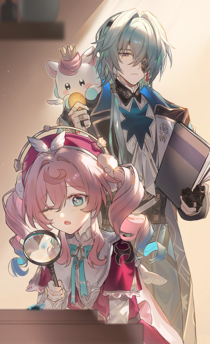 1boy 1girl absurdres anaxa_(honkai:_star_rail) black_gloves blue_hair book chain coat commentary crown drill_hair expressionless eyepatch feeding_animal food gloves green_hair hair_between_eyes hair_intakes hat highres holding holding_book holding_food holding_magnifying_glass honkai:_star_rail honkai_(series) hyacine_(honkai:_star_rail) jewelry little_ica_(honkai:_star_rail) long_hair long_sleeves magnifying_glass multicolored_hair multiple_rings one_eye_closed open_mouth partially_fingerless_gloves pink_hair pink_hat ring sp0i0ppp twin_drills twintails two-tone_hair