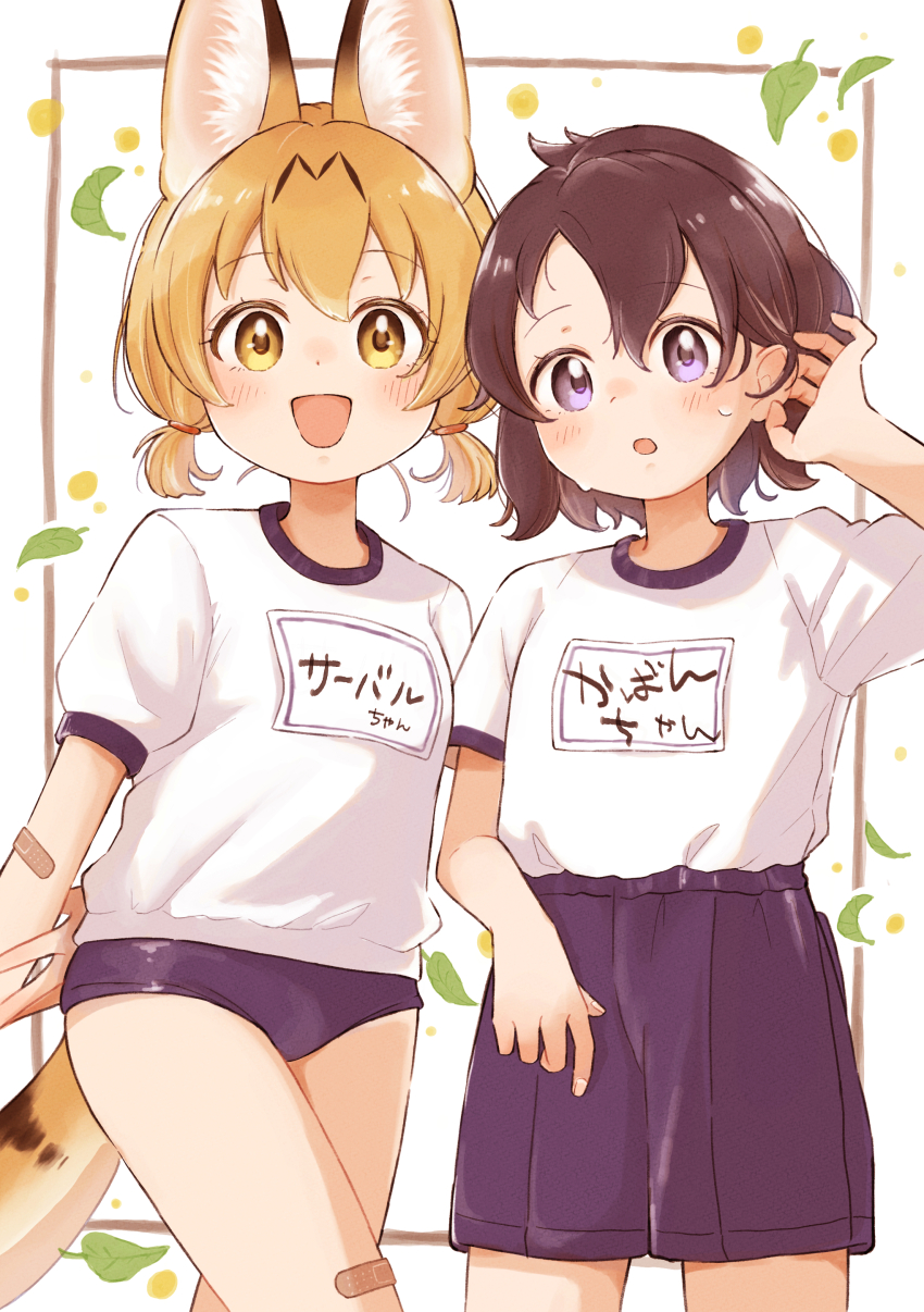 0nanaten 2girls :d :o absurdres adjusting_hair alternate_costume animal_ear_fluff animal_ears bandaid bandaid_on_arm bandaid_on_thigh black_buruma black_hair black_shorts blonde_hair blue_eyes buruma character_name commentary_request commission gym_shirt gym_uniform hair_between_eyes highres kaban_(kemono_friends) kemono_friends leaf looking_at_viewer multiple_girls name_tag open_mouth serval_(kemono_friends) shirt short_hair short_sleeves shorts simple_background skeb_commission smile sweat tail white_background white_shirt yellow_eyes