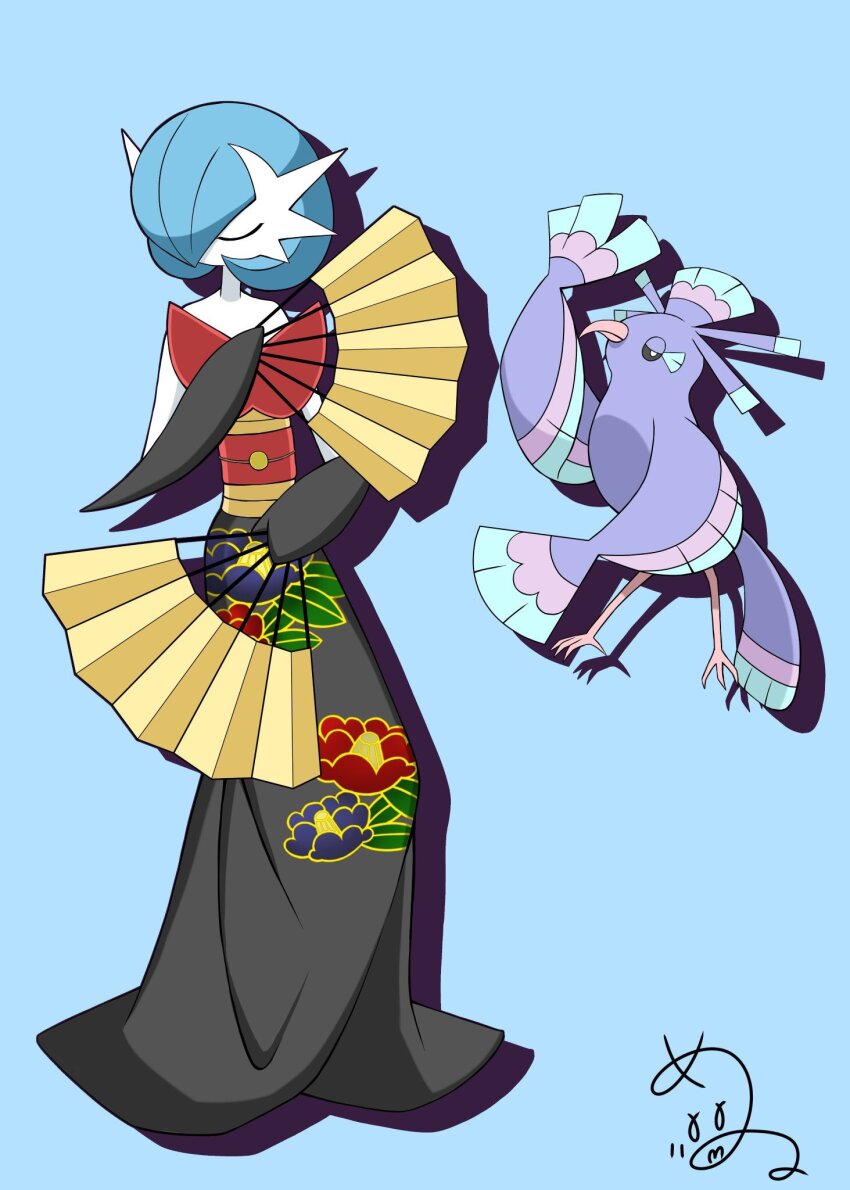 alternate_color black_eyes black_gloves blue_background blue_hair bob_cut closed_eyes colored_skin elbow_gloves floral_print gardevoir gen_3_pokemon gen_7_pokemon gloves hand_fan highres holding holding_fan japanese_clothes mega_gardevoir mega_pokemon nintendo oricorio oricorio_(sensu) pokemon pokemon_(creature) shabana_may shiny_pokemon signature simple_background white_skin
