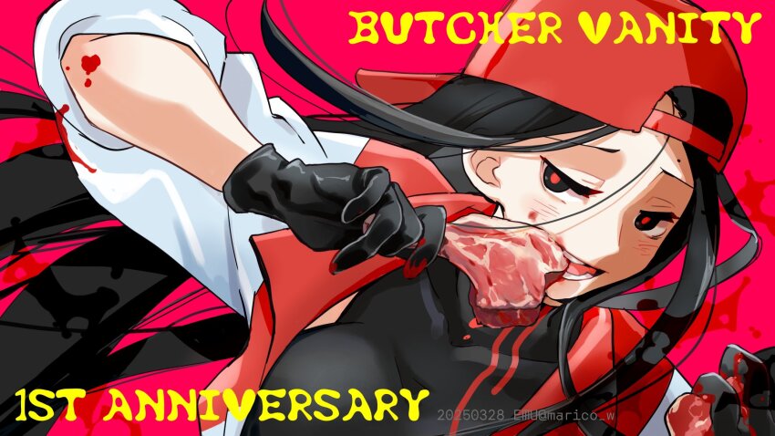 1girl :d anniversary backwards_hat baseball_cap black_gloves black_hair black_shirt butcher_vanity_(synthesizer_v) dated emu_(marico_w) food gloves half-closed_eyes hat highres holding holding_food jacket looking_at_viewer loose_hair_strand open_mouth raw_meat red_background red_hat red_pupils shirt smile solo song_name synthesizer_v twitter_username white_jacket yi_xi_(synthesizer_v)