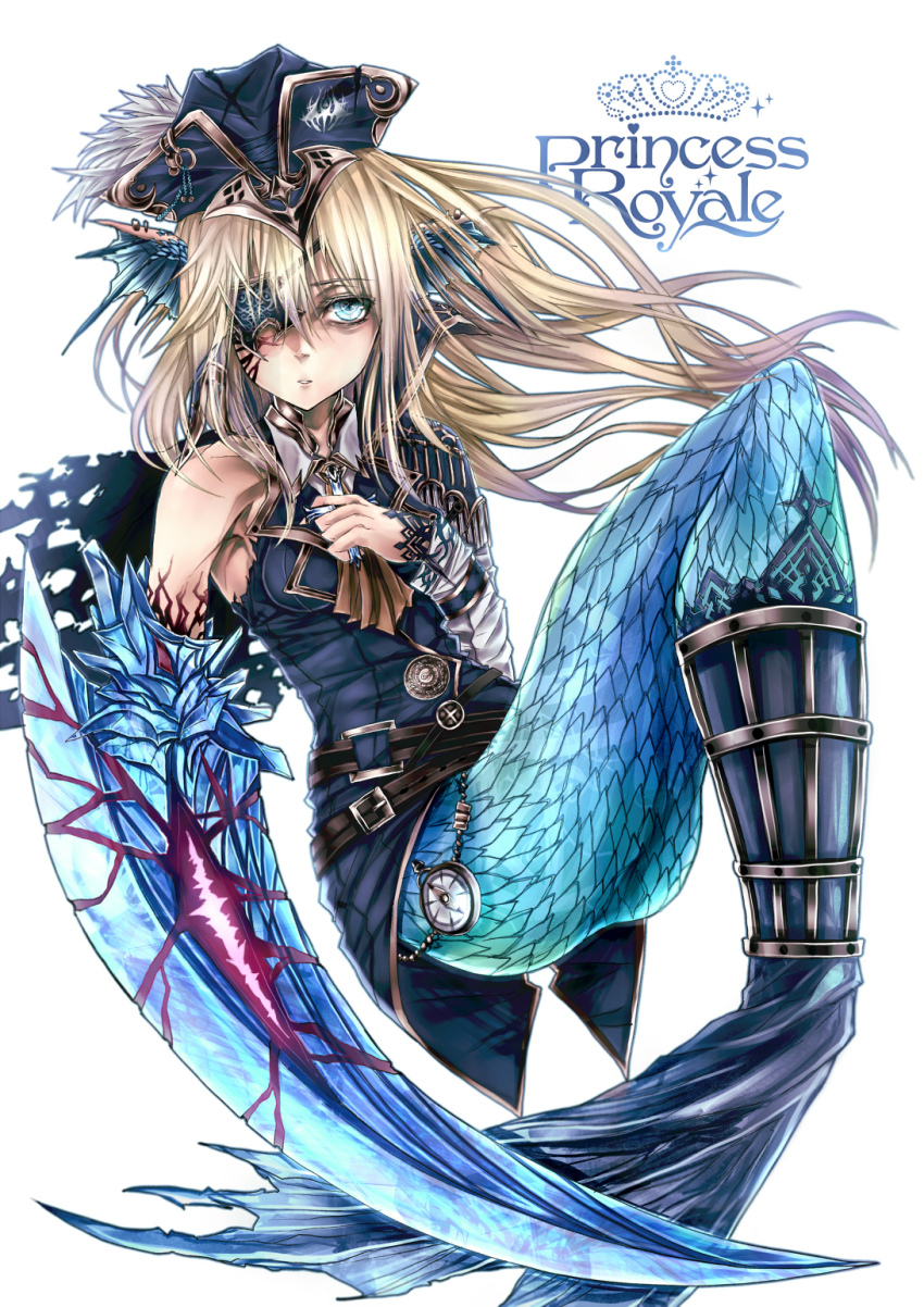 1girl andersen&#039;s_fairy_tales asuke_yuki bad_id bad_pixiv_id blue_eyes cross eyepatch female_focus fins hat head_fins highres long_hair mermaid monster_girl original pocket_watch princess_royale scythe solo the_little_mermaid_(andersen) torn_clothes watch