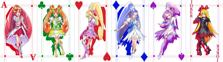 6+girls absurdres aida_mana animal_print bat_print blonde_hair blue_bow blue_eyes blue_hair blush boots bow bracelet brooch brown_eyes brown_hair choker cropped_jacket crown_bow crystal_earrings cure_ace cure_diamond cure_heart cure_rosetta cure_sword dokidoki!_precure double_bun dress earrings green_choker grey_arm_warmers hair_bow hair_bun hair_ornament hairband half_updo heart heart_brooch heart_hair_bun heart_hair_ornament high_ponytail highres hishikawa_rikka huge_bow jewelry kenzaki_makoto long_hair madoka_aguri magical_girl multiple_girls nukosann open_mouth pantyhose pink_arm_warmers pink_bow pink_choker pink_eyes pink_sleeves poker ponytail precure print_pantyhose purple_arm_warmers purple_choker purple_eyes purple_footwear purple_hair red_hair regina_(dokidoki!_precure) ribbon skirt smile spade_hair_ornament thigh_boots twintails waist_bow wide_ponytail wrist_cuffs yellow_choker yotsuba_alice
