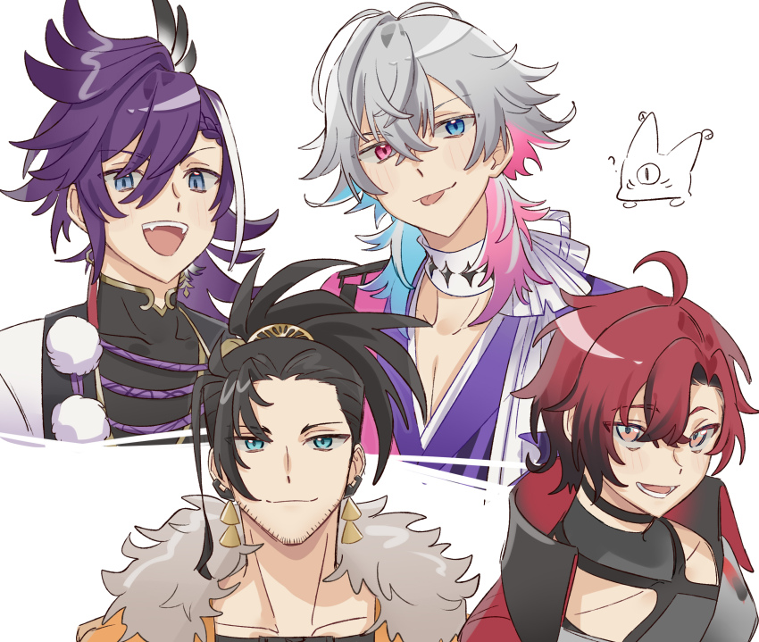 4boys banzoin_hakka banzoin_hakka_(1st_costume) black_hair blue_eyes blue_hair choker coat collarbone commentary creature diamond_choker earrings facial_hair gavis_bettel gavis_bettel_(1st_costume) grey_hair hair_between_eyes heterochromia highres holostars holostars_english holotempus jewelry josuiji_shinri keke_qiu long_hair looking_at_viewer machina_x_flayon machina_x_flayon_(1st_costume) male_focus medium_hair multicolored_coat multicolored_hair multiple_boys open_mouth pectoral_cleavage pectorals phantom_(gavis_bettel) pink_eyes pink_hair ponytail portrait purple_hair red_hair scarf shirt short_hair side_part smile striped_coat stubble tassel tassel_earrings tongue tongue_out vertical-striped_coat virtual_youtuber white_background white_scarf