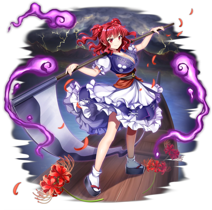 1girl black_sandals blue_dress boat breasts cleavage coin coin_on_string dress flower full_body game_cg hair_bobbles hair_ornament highres holding holding_scythe large_breasts looking_at_viewer obi obidome obijime official_art okobo on_boat onozuka_komachi platform_sandals red_eyes red_hair rotte_(1109) sandals sash scythe short_sleeves simple_background socks solo spider_lily tabi third-party_source touhou touhou_lostword two_side_up watercraft white_background white_socks