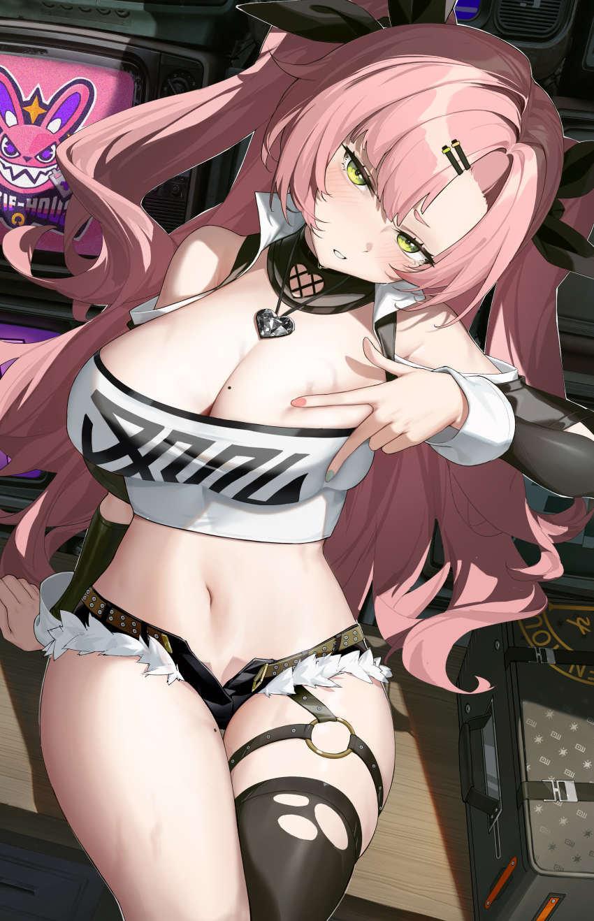 1girl absurdres black_ribbon black_thighhighs blush breasts cleavage green_eyes hair_ornament hair_ribbon hairclip highres jewelry l_ract large_breasts long_hair looking_at_viewer navel necklace nicole_demara pink_hair ribbon single_thighhigh sitting solo strapless thighhighs thighs tube_top two_side_up zenless_zone_zero