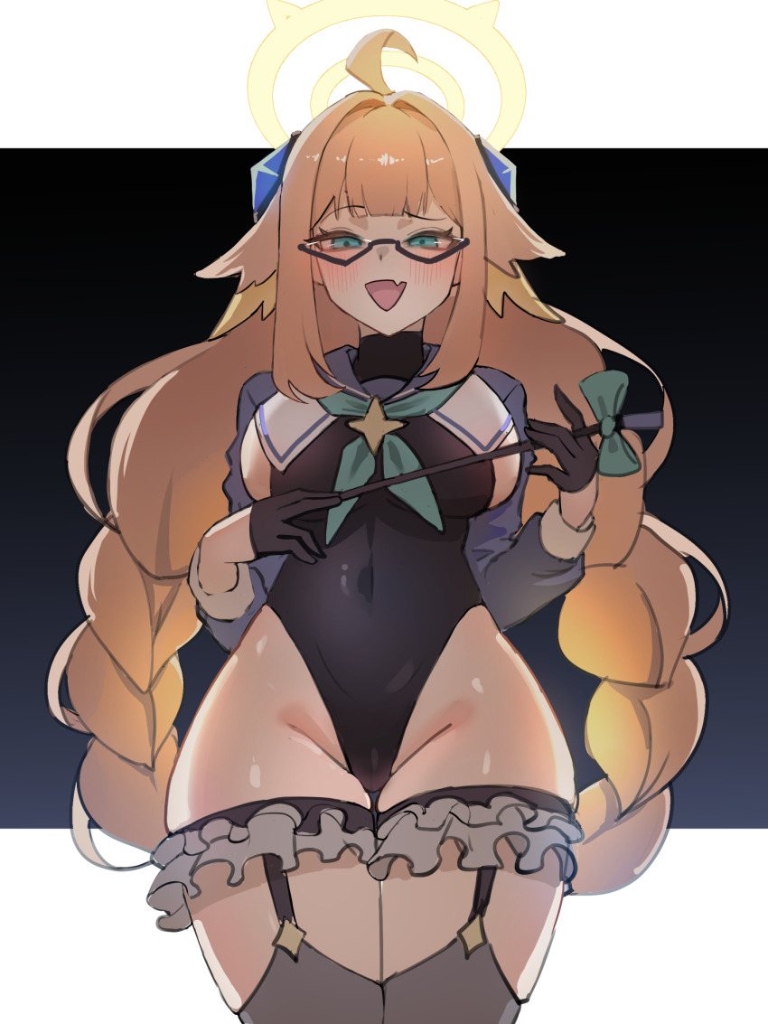 1girl ahoge black_leotard blue_archive blue_shrug braid braided_twintails covered_navel fang feather_hair feathers frilled_thigh_strap glasses gloves half_gloves halo highleg highleg_leotard highres holding holding_riding_crop leotard long_hair looking_at_viewer low_twin_braids musclexm official_alternate_costume orange_hair riding_crop semi-rimless_eyewear shimiko_(blue_archive) shimiko_(magical)_(blue_archive) shrug_(clothing) skin_fang smile solo super_highleg thigh_strap triangle_mouth twin_braids yellow_feathers yellow_halo