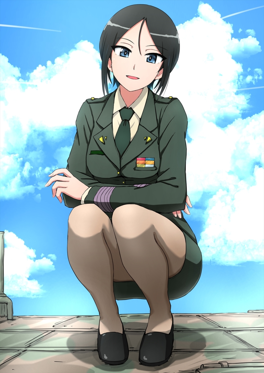 1girl black_hair black_shoes blazer blue_eyes blue_sky chouno_ami cloud cloudy_sky commentary day dress_shirt full_body girls_und_panzer green_jacket green_necktie green_skirt highres jacket japan_ground_self-defense_force japan_self-defense_force long_sleeves looking_at_viewer military military_uniform miniskirt necktie omachi_(slabco) open_mouth outdoors pencil_skirt sheer_pantyhose shirt shoes short_hair skirt sky smile solo squatting swept_bangs white_shirt
