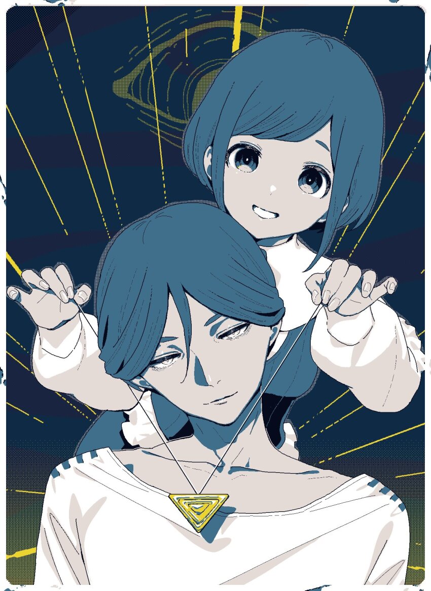 1boy 1girl commentary_request frilled_shirt frills fukurai_azami highres limited_palette looking_at_viewer meguriya_ayumu natsuhiko shirt short_hair smile toshi_densetsu_kaitai_center triangle_necklace